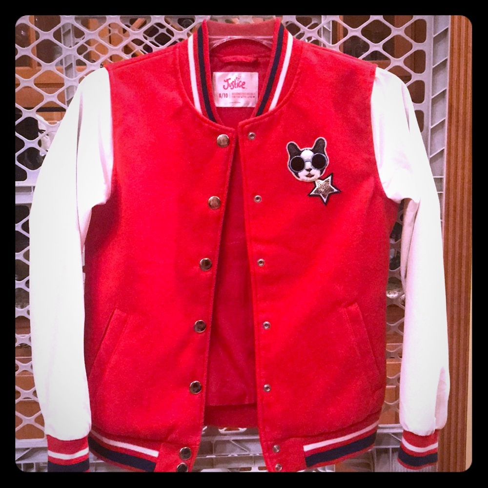 Girls jacket, red with leatherette arms.